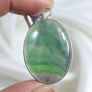 Green Fluorite Pendant, Sterling Silver Pendant Oval Fluorite Gemstone Pendant Natural Fluorite Jewelry Bezel Pendant Crystal Pendant Gift