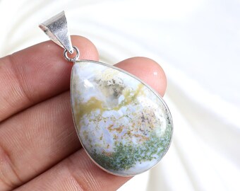 AAA Natural Horse Canyon Agate Gemstone Pendant, Sterling Silver Pendant, Pear Shape Pendant, Moss Pendant, Top Moss Agate Necklace Jewelry