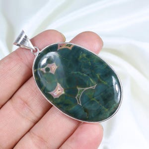 Green Ocean Jasper Pendant, Sterling Silver Pendant Ocean Jasper Gemstone Pendant Oval Pendant Bezel Pendant Ocean Jasper Jewelry For Women