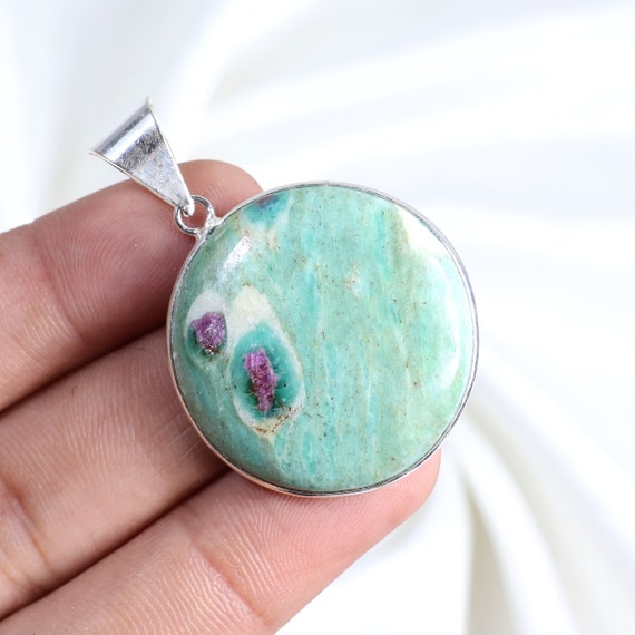 Natural Ruby Fuchsite Pendant Round Pendnat Sterling Silver Pendant Bezel Pendant Green Fuchsite Gemstone Necklace Loop Necklace Gifts