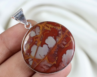 Noreen Jasper Bezel Pendant, Sterling Silver Pendant, Round Shape Pendant Red Noreen Pendant, Noreena Jasper Gemstone Necklace Gift For Her