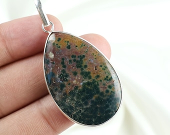 Ocean Jasper Pendant, Rough Ocean Jasper Gemstone Necklace, Bezel Sterling Silver Pendant Ocean Jasper Jewelry Handmade Pendant Gift For her