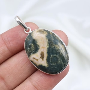 Green Ocean Jasper Pendant, Sterling Silver Pendant, Bezel Pendant, Oval Pendant, Tiny Pendant, Ocean Jasper Stone Pendant, Handmade Jewelry
