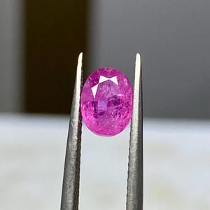 May include: A vibrant, oval-cut pink gemstone held by a pair of silver-toned metal tweezers. The stone features a faceted surface that reflects light, showcasing a deep magenta hue with internal clarity and a polished, smooth exterior finish.