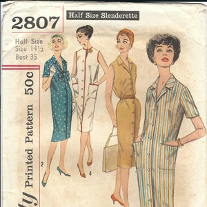 May include: A vintage Simplicity sewing pattern for a dress, with the pattern number 2807 and the words "Half Size Slenderette" and "Simple to make". The pattern shows three women wearing different versions of the dress, one with a polka dot print, one with a solid color, and one with stripes.