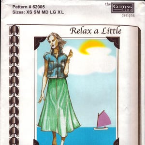 May include: A vintage sewing pattern titled "Relax a Little" featuring a fashion illustration of a woman in a denim top and green skirt. The pattern includes sizes XS to XL. The image includes a small sailboat.
