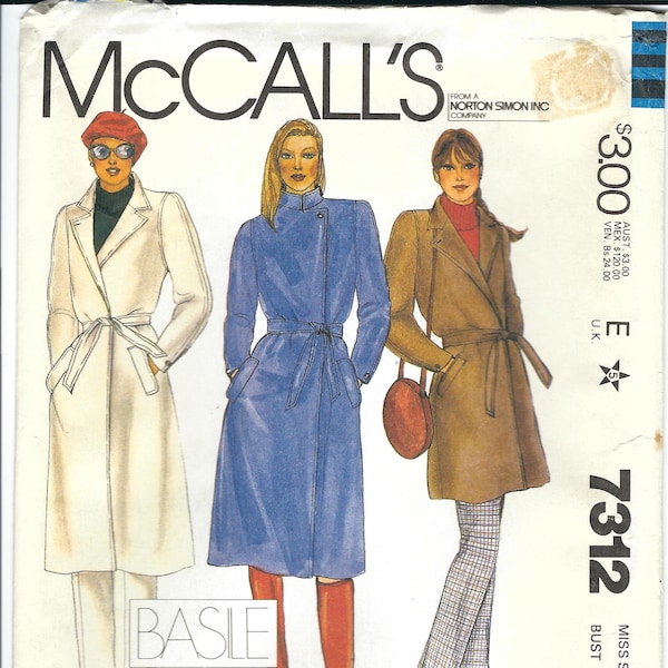 McCall’s 7312 – Wrap style trench coat & pants – designer Basile – size 18 – bust 40 – Vintage 1980s – UNCUT – FF