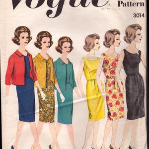 May include: A vintage Vogue printed pattern envelope 3014 for a basic proportioned dress and jacket. The cover features illustrations of six figures wearing various dress and jacket combinations in solid colors and floral prints, with text indicating short, average, and tall figure heights.