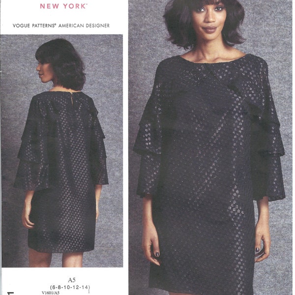 Vogue 1601 – Isaac Mizrahi - Misses’ Dress w/ sleeve flounces – Size 6-14 or 14-22 – UNCUT – FF