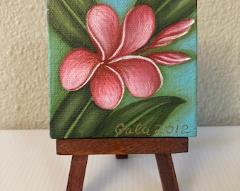 Mini peinture originale « Plumeria » 3 x 3 po sur toile, petite peinture à l'huile, oeuvre d'art miniature, peinture à l'huile sur chevalet