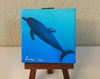 Original "Dolphin" 3" x 3" Mini painting on canvas, Tiny oil painting, Miniature fine art, Oil painting on an easel