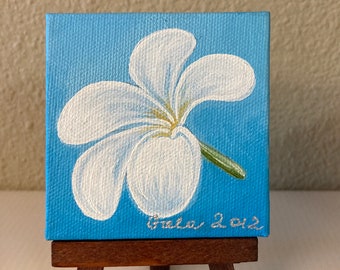 Original "Plumeria" 3" x 3" Mini painting on canvas, Tiny oil painting, Miniature fine art, Oil painting on an easel