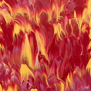 Puede incluir: Pintura abstracta con pintura roja, amarilla y blanca que gira. Los colores se mezclan para crear una composición dinámica y enérgica.