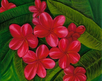 Original Oil on Canvas Painting 12" x 12" ~ "Red Plumeria"~ Great for Relaxing, Quieting your Mind, and Meditating