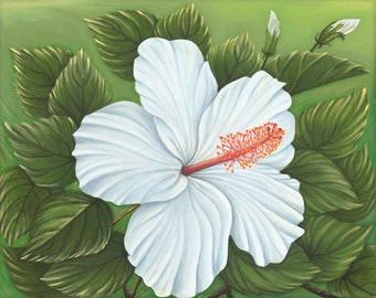 Original Oil on Canvas Painting 11" x 14" ~ "White Hibiscus".