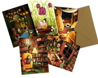The readers - Set of 5 Single Cozy illustration Postcards by Esther Bennink