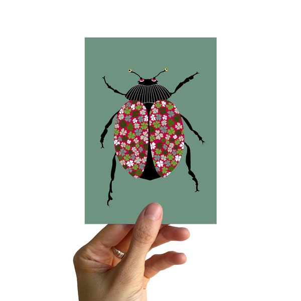 Postcard A6, BEETLE with clover leaves
