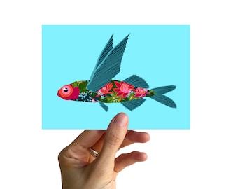 Postkarte A6, Fliegender Fisch mit Seerosen