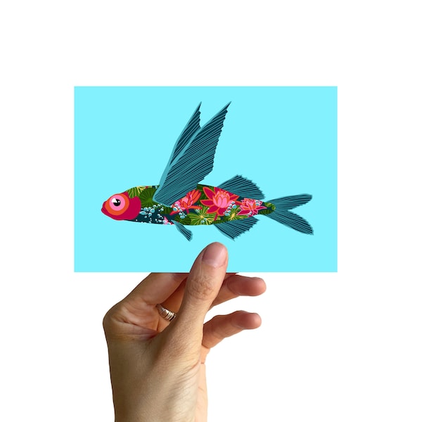 Postcard A6, flying fish with water lilies