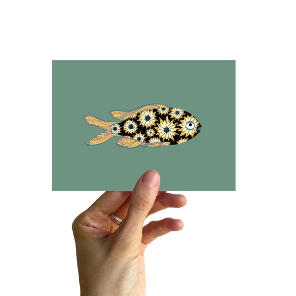 Postcard A6, fish with flowers