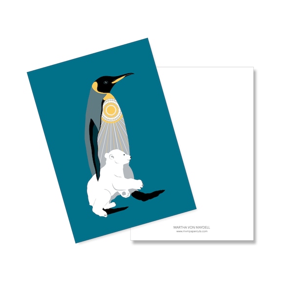 Postcard A6, penguin and polar bear baby