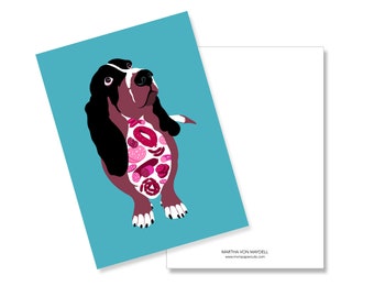 Postcard A6, dog with sausage