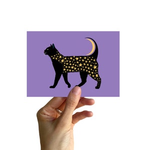 Cartolina A6, GATTO con luna e stelle