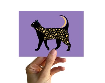 Postcard A6, CAT with moon and stars