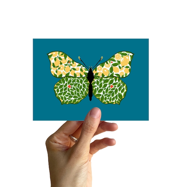 Postcard A6, brimstone butterfly with lemons