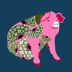 May include: A pink pig with a green and white patterned design. The pattern features clover leaves and fans.