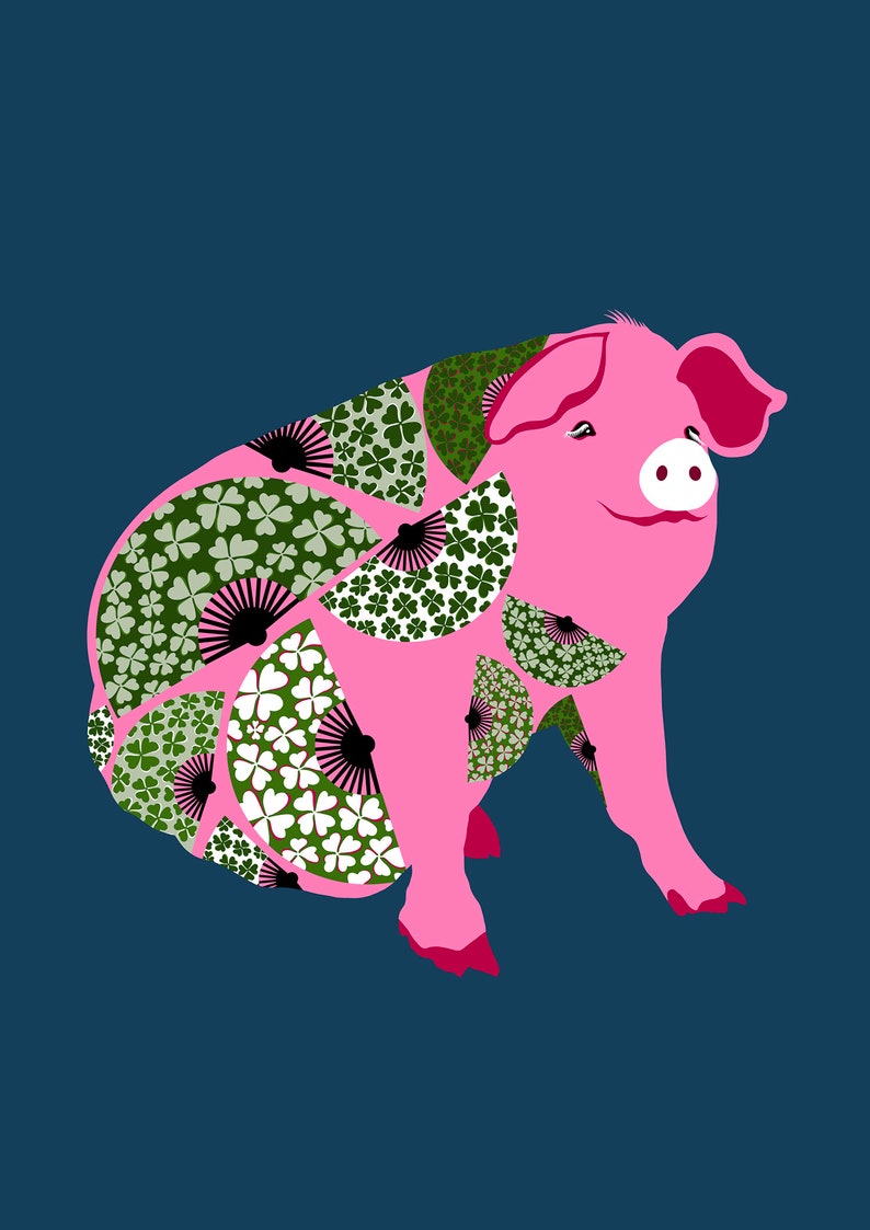 May include: A pink pig with a green and white patterned design. The pattern features clover leaves and fans.