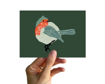 Postcard A6, ROBIN WITH DANDELIONS