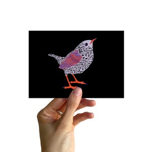 Könnte beinhalten: Ein lila und orangefarbener Vogel mit Noten auf seinem Körper vor schwarzem Hintergrund.