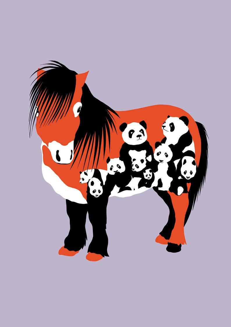 May include: A red and black horse with a mane of black hair. The horse is covered in black and white panda bears.
