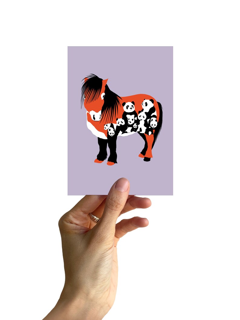May include: An orange horse with a black mane and tail, with a pattern of black and white panda bears on its body.