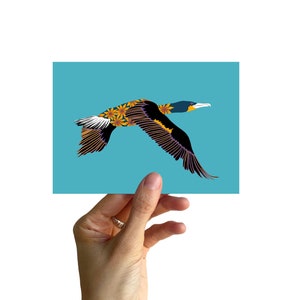 Postcard A6, CORMORAN WITH SUNFLOWERS