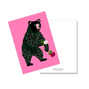 Carte postale A6, ours blanc neige et rose rouge