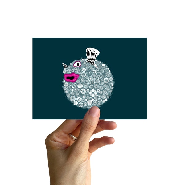 Postcard A6,puffer fish with snowflakes