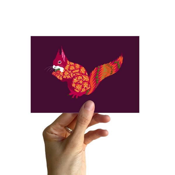 Postcard A6, squirrel with gifts