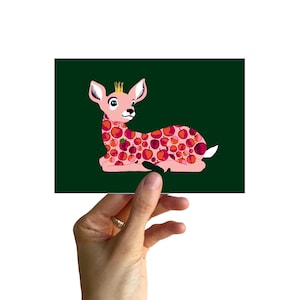 Carte postale A6, cerf, Blanche-Neige, pommes