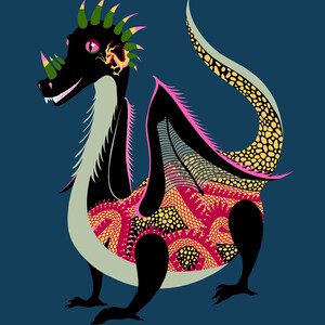 May include: A black and pink dragon with yellow and green scales. The dragon has a long tail and a large head with a pointed snout. The dragon is standing on a blue background.