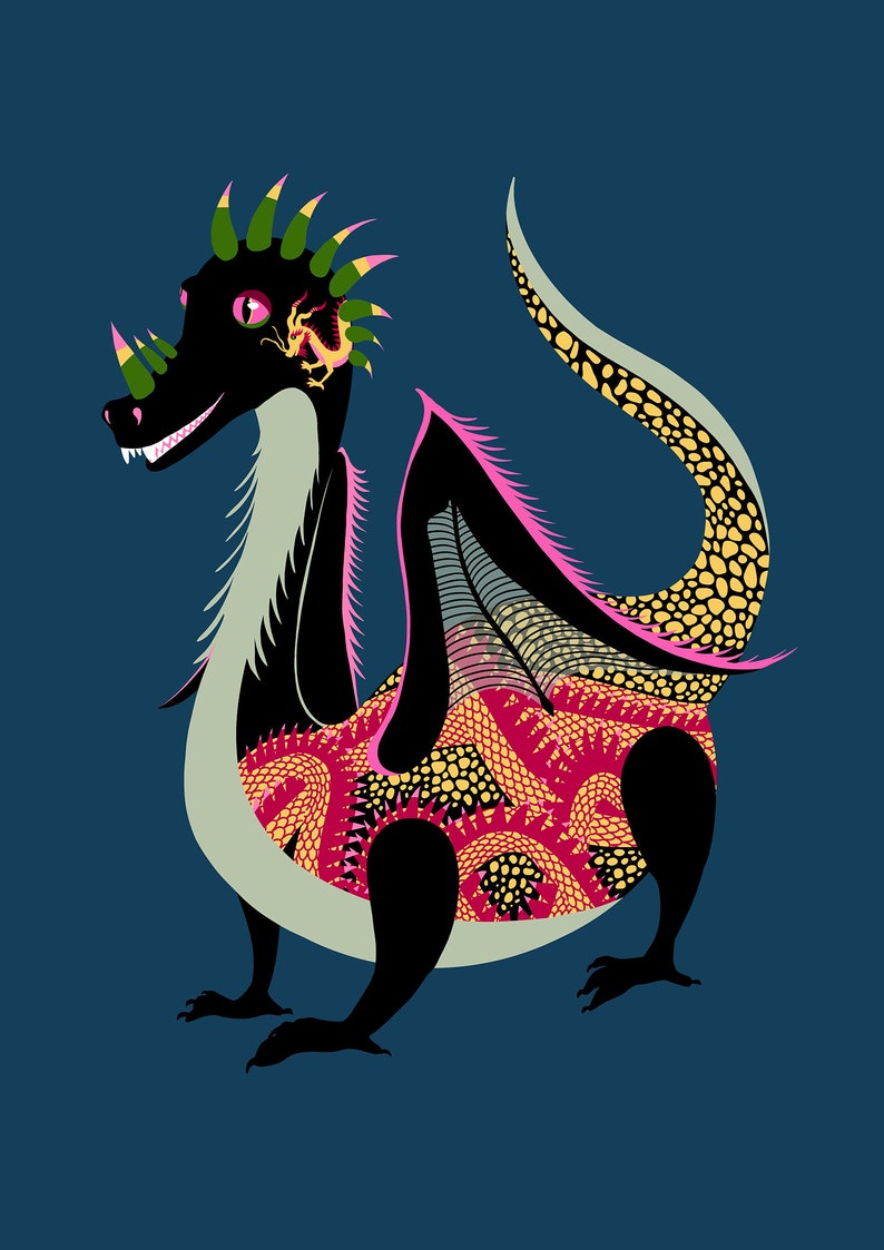 May include: A black and pink dragon with yellow and green scales. The dragon has a long tail and a large head with a pointed snout. The dragon is standing on a blue background.