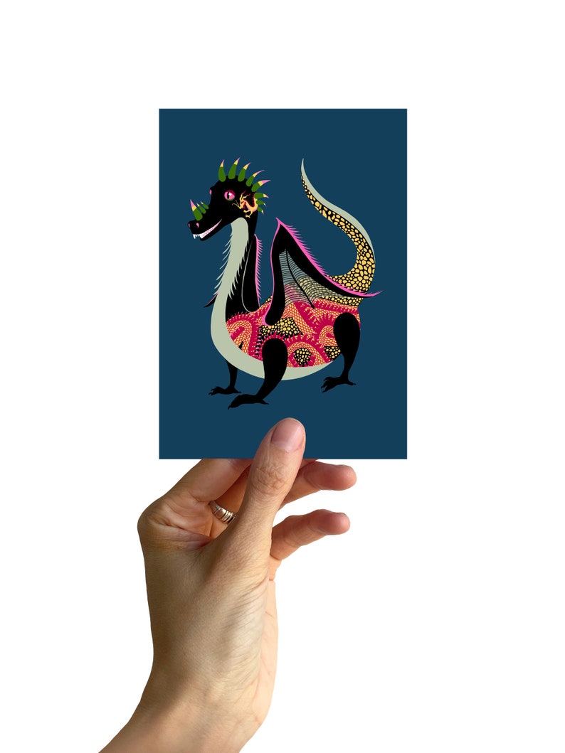 May include: A black and green dragon illustration with a pink and yellow patterned body on a dark blue background.