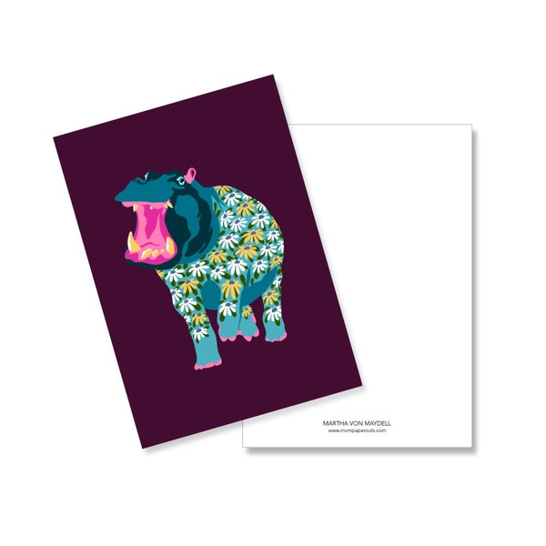 Postcard A6, hippopotamus with flowers