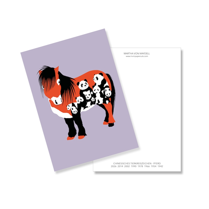 May include: A red horse with black legs and mane, covered in black and white panda bears. The text "CHINESE ZODIAC SIGN - HORSE" and the years "2026 2014 2002 1990 1978 1966 1954 1942" are printed below the horse.