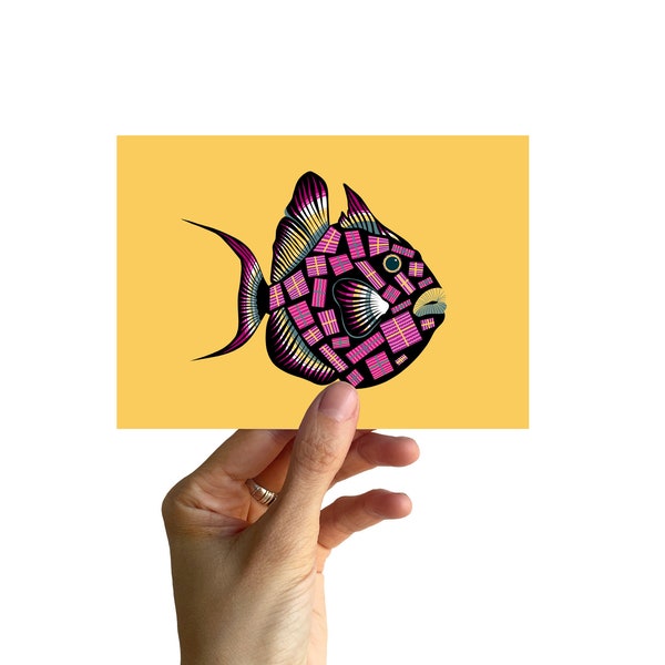 Postcard A6, fish with gifts