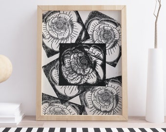 Poster Linocut Tattoo Peony - Print A3 Asian Flower - Linocut Monochrome