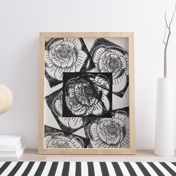 Affiche Linogravure Tattoo Pivoine - Print A3 Fleur Asiatique - Linocut Monochrome