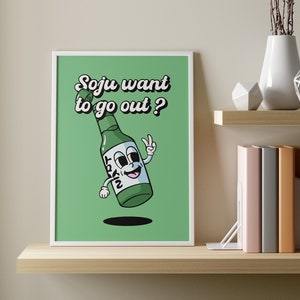 Digitaldruck „Soju want to go out“ – Kawaii koreanisches Cartoon-Poster – Vintage Retro-Cartoon-Poster
