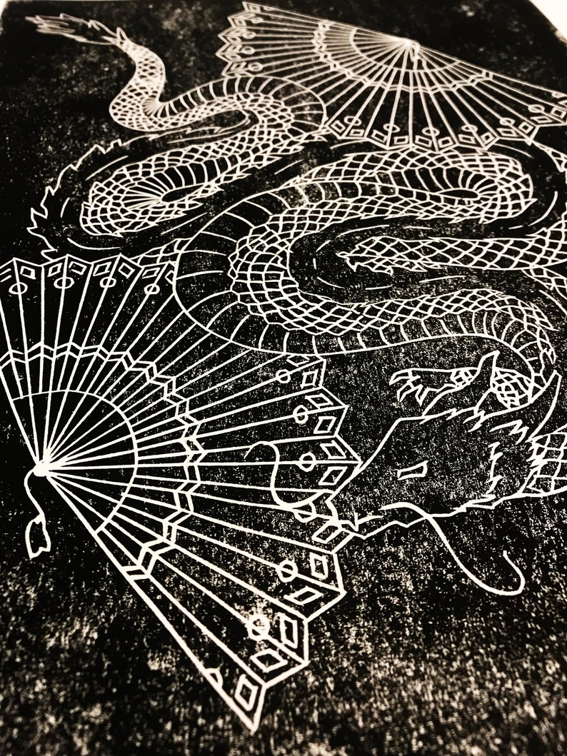 Linocut A3 Poster Linogravure Monochrome Print Tattoo Dragon Fan